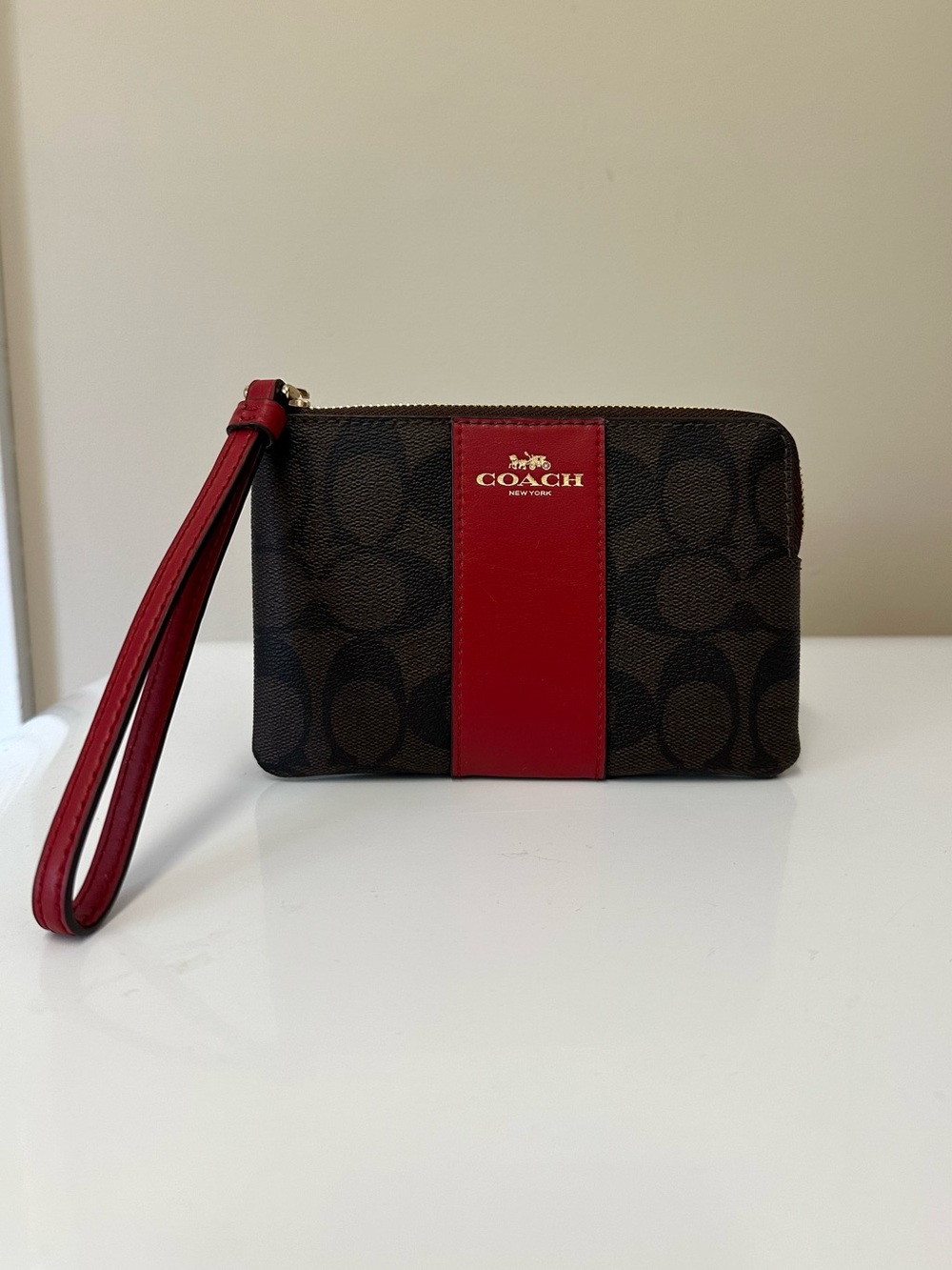 Coach Corner Zip Wristlet with Red Leather Stripe